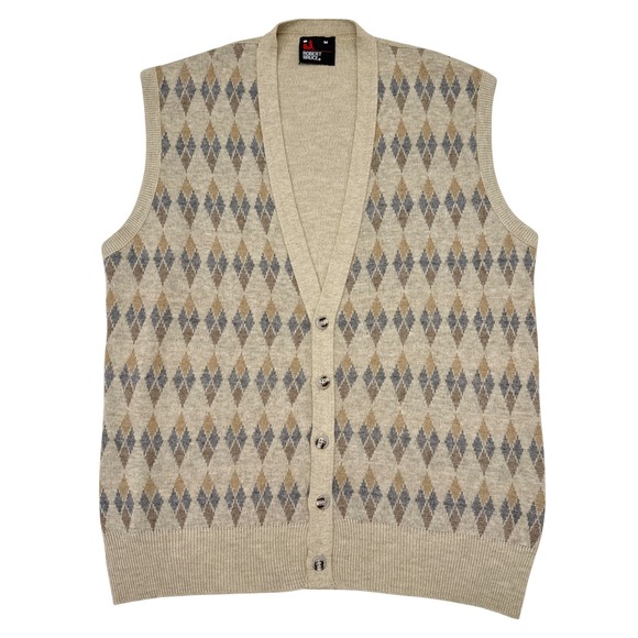 Vintage Robert Bruce Sweater Vest Mens Medium Argyle Button Up Cardigan Grandpa - Picture 1 of 8